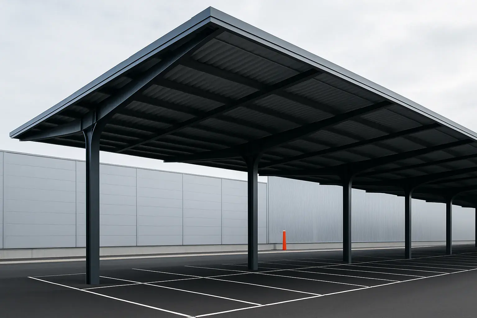 Çelik otopark sundurması; kolon dizisi, taşıyıcı kirişler ve trapez sac çatı